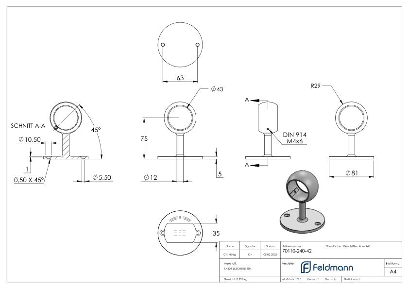 Rohrhalter, für Rohr 42,4mm, V2A Rohrhalter, für Rohr 42,4mm, V2A