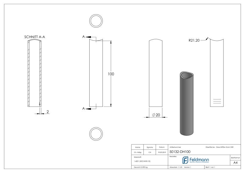 Distanzhülse, L: 100mm, für 42,4mm, V2A