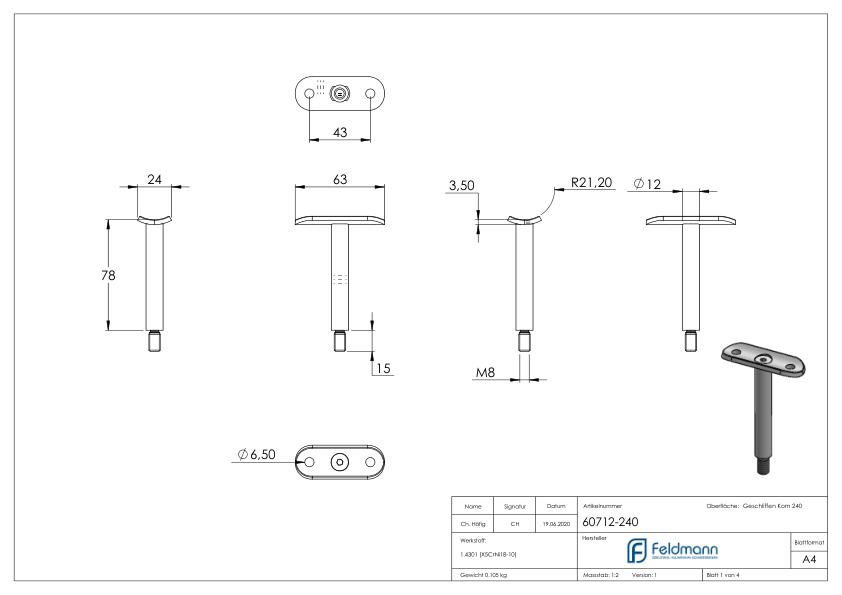 Stift Ø 12mm mit Handlaufanschlussplatte 42,4mm, V2A