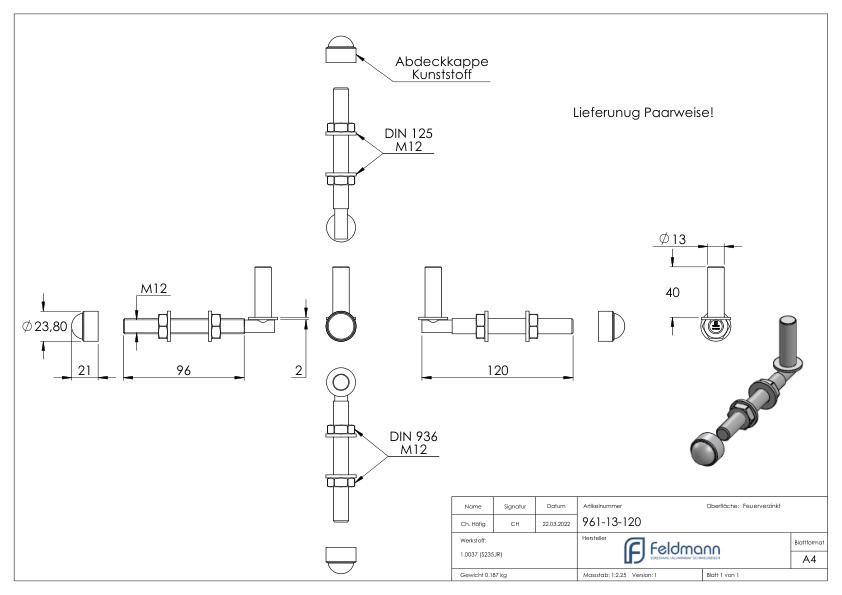 Kloben zum Durchschrauben für Ø 13mm, L: 120mm