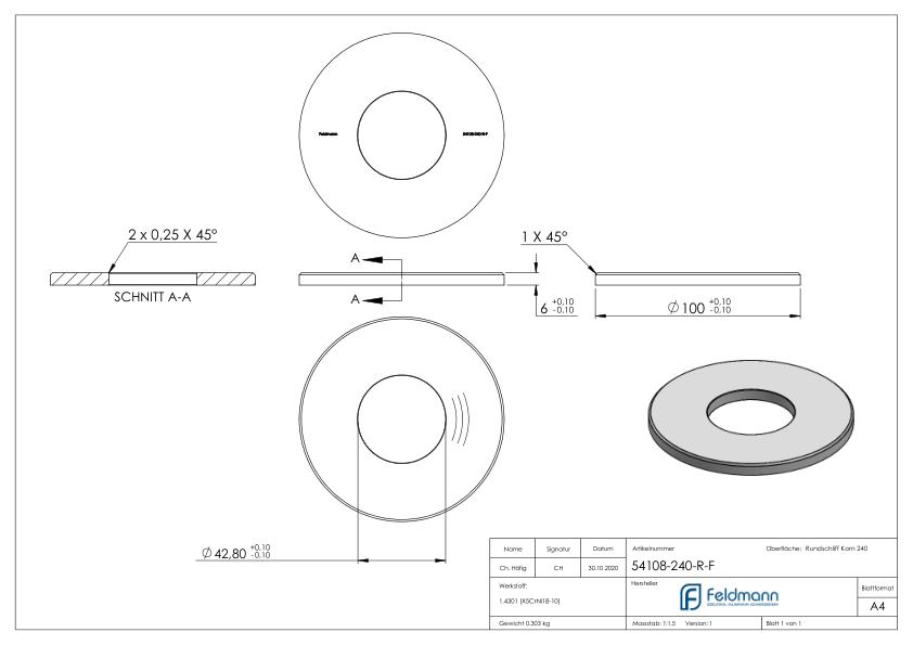 Ankerplatte Ø 100x6mm, mit Rundschliff und Fase, V2A