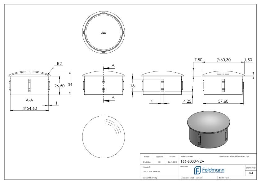 Rohrabschlussstopfen, für Rohr 60,3x2,0 - 2,5mm, V2A