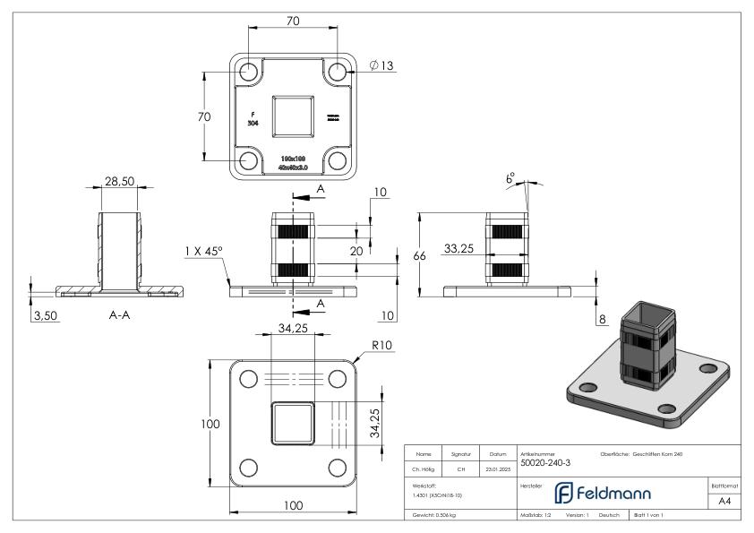 Wand- und Bodenanker mit Rändelung, für Rohr 40x40x3,0mm, V2A