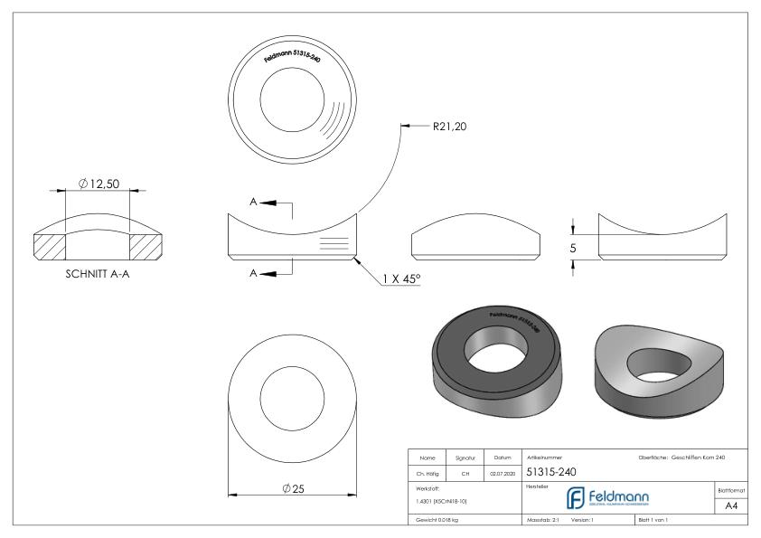 Ausgleichsstück (ohne Senkung) für Rohr 42,4mm, Ø 25mm, V2A