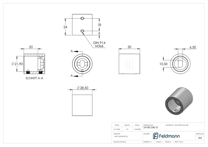 Wandbefestigung für Rohr 21,3mm, V2A
