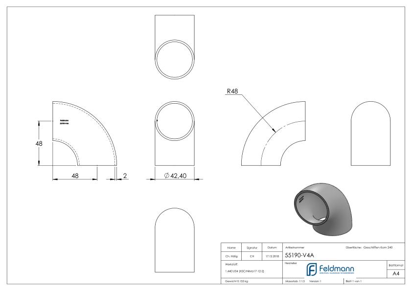 Schweißbogen 90°, 42,4x2,0mm, V4A