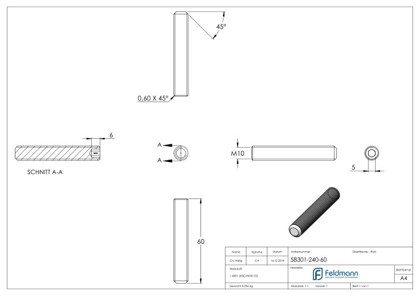 Gewindestift M10x60, V2A, DIN 913 / ISO 4026 Gewindestift M10x60, V2A, DIN 913 / ISO 4026