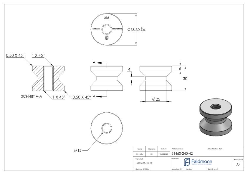 Einschweißgewinde mit M12 Gewinde für Rohr 42,4 x 2,0mm, V2A Einschweißgewinde mit M12 Gewinde für Rohr 42,4 x 2,0mm, V2A