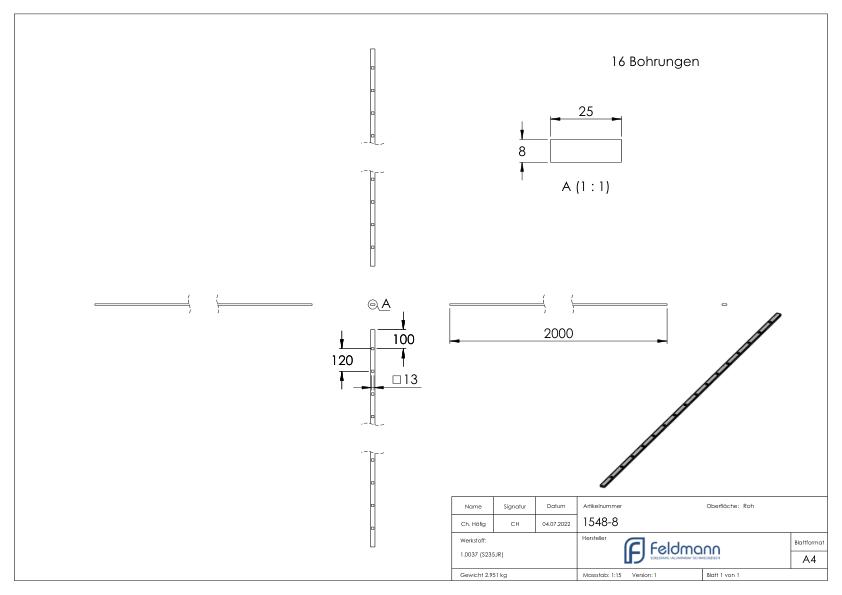 Lochleiste 25x8mm, Lochabstand 120mm, 2000mm