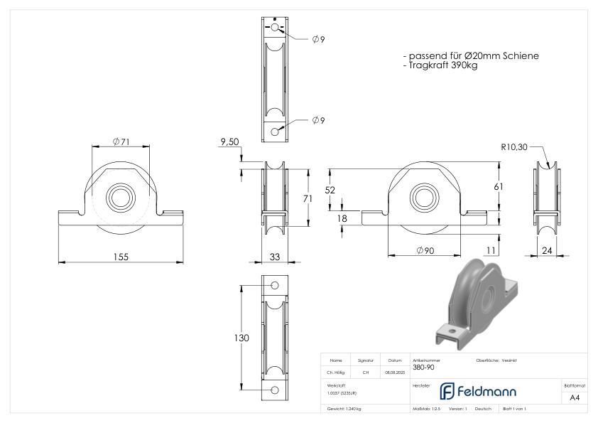 Schiebetorrolle mit Rundrille, Ø 90mm, für Schiene Ø 20mm, 2 Kugellager, verzinkt