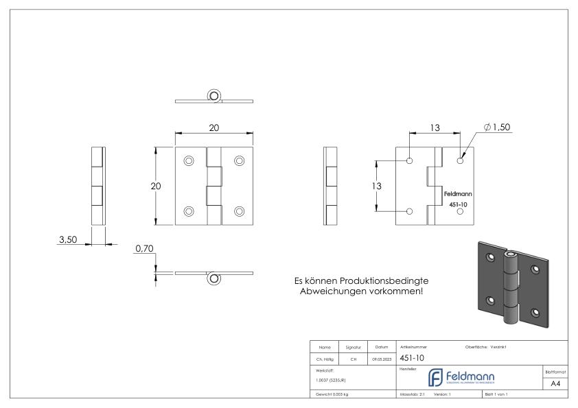 Scharnier 20x20mm mit festem Zapfen