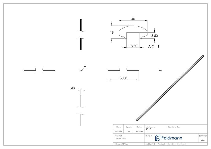 Handlauf 40x18mm mit Nut 18x8mm Länge 3m