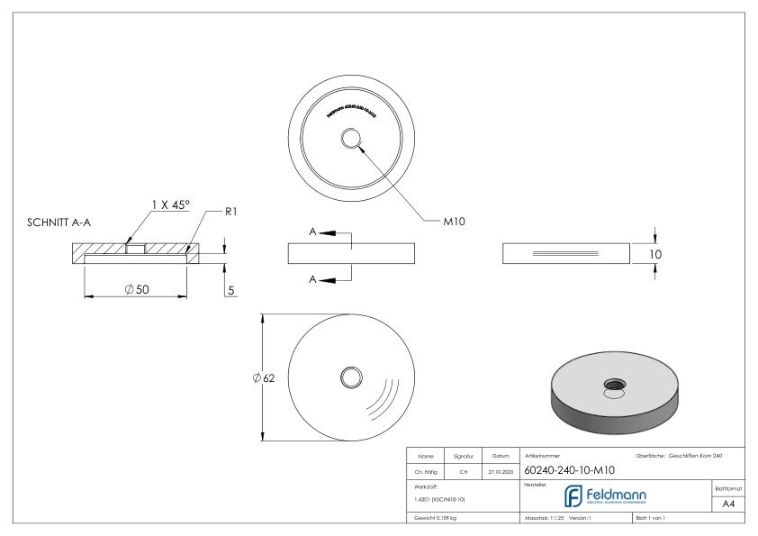 Unterteil für 62mm Glaspunkthalter, T: 10mm, mit M10, V2A