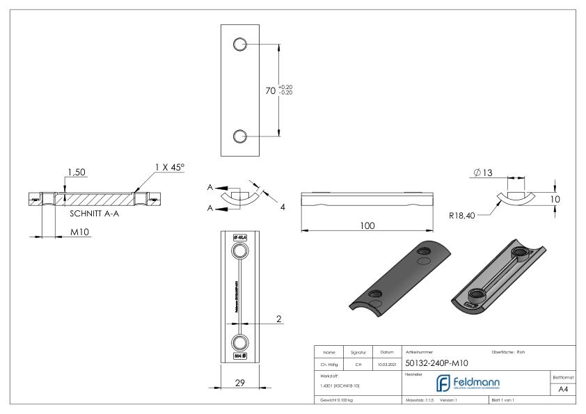 Verstärkungsplatte f Wandbefestigung 50132-240-M10, V2A