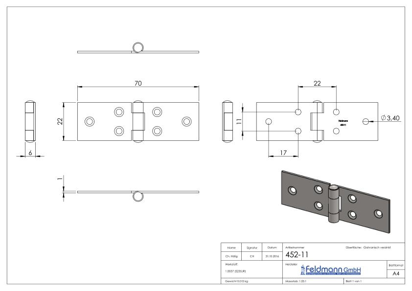 Scharnier 22x70mm mit festem Zapfen