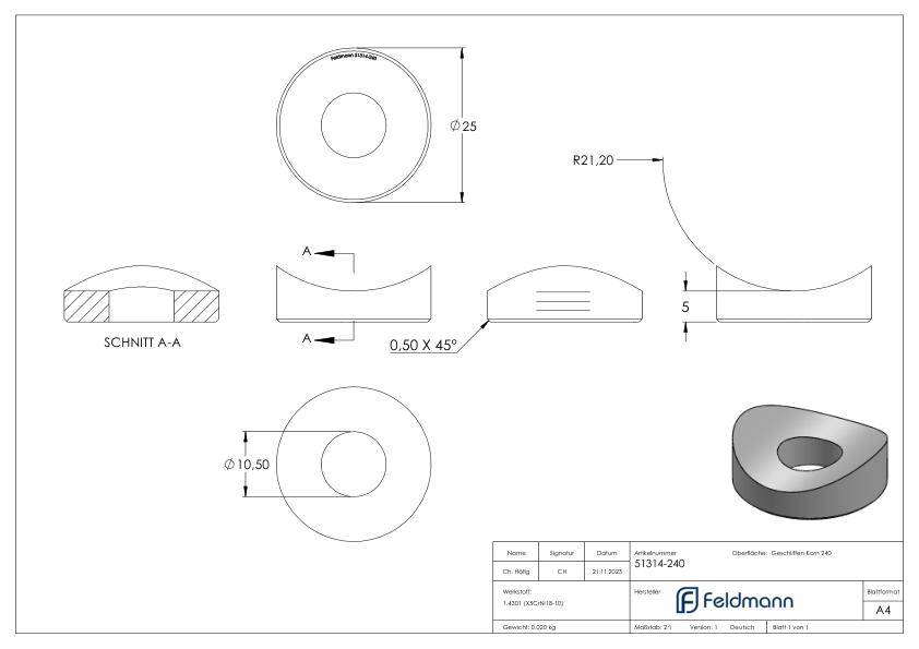 Ausgleichsstück für Rohr 42,4mm, Ø 25mm, V2A