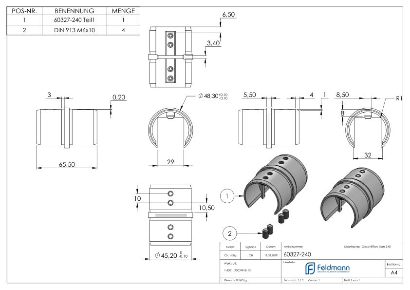 Rohrverbinder für Nutrohr 48,3mm, V2A Rohrverbinder für Nutrohr 48,3mm, V2A