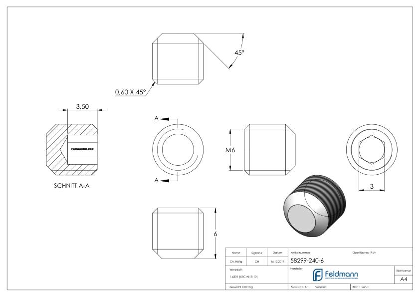 Gewindestift M6x6, V2A, DIN 913 / ISO 4026
