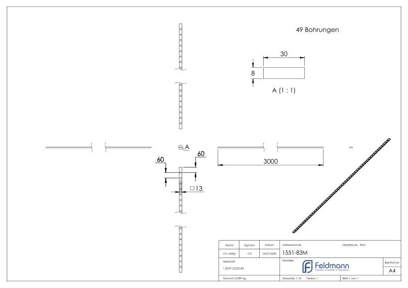 Lochleiste S235JR, 30x8mm, Lochabstand 60mm, 3000mm