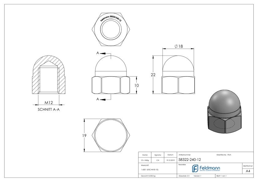 Sechskant-Hutmutter M12, DIN 1587, V2A