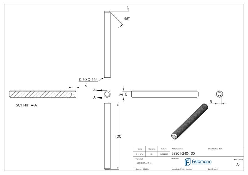 Gewindestift M10x100, V2A, DIN 913 / ISO 4026