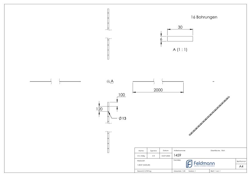 Lochleiste 30x6mm, Lochabstand 120mm, 2000mm