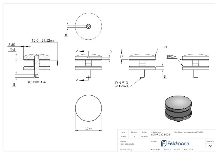 Glaspunkthalter 72mm, Anschluss: flach, V2A, pulverbeschichtet in RAL 9005 schwarz matt