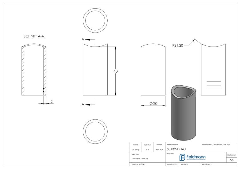 Distanzhülse, L: 40mm, für 42,4mm, V2A