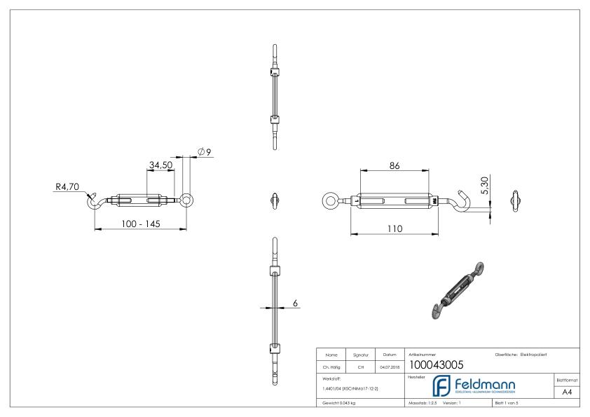 Spannschloss mit Öse / Haken, Rundeisen: 5mm, V4A