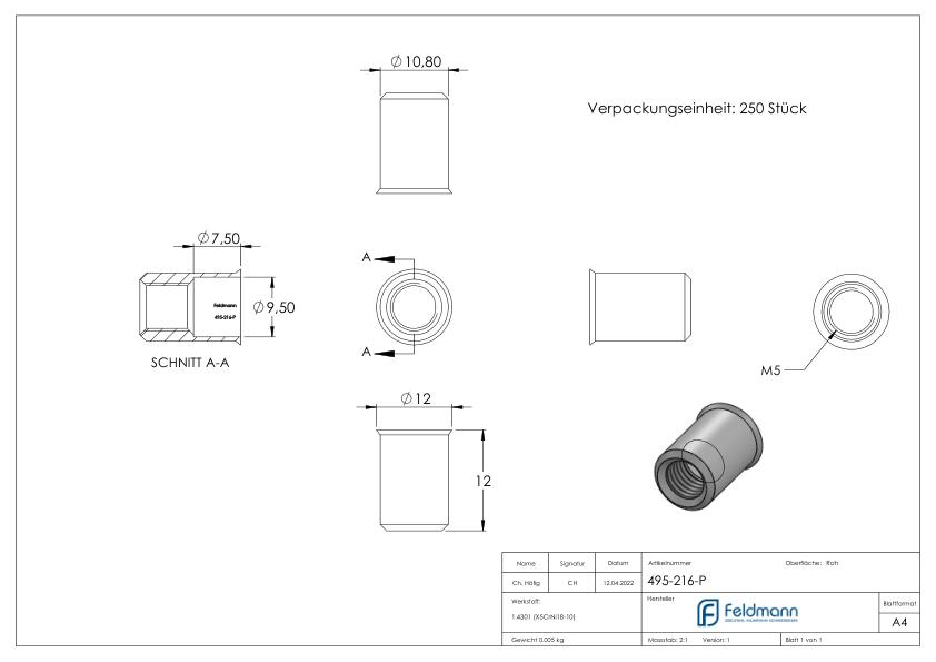 Blind-Einnietmutter, V2A M8/Loch 11mm, VPE mit 250 Stück, V2A