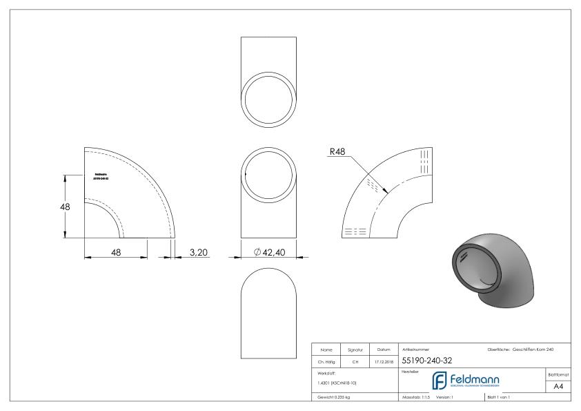 Schweißbogen 90°, 42,4x3,2mm, V2A