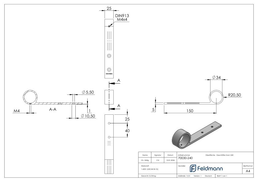 Handlaufstütze, für Rohr 33,7mm, V2A