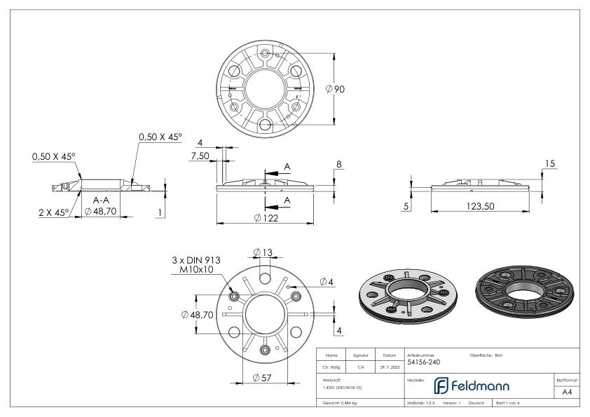 Ankerplatte, Ø 123,5x8mm für 48,3mm Rohr, roh, V2A