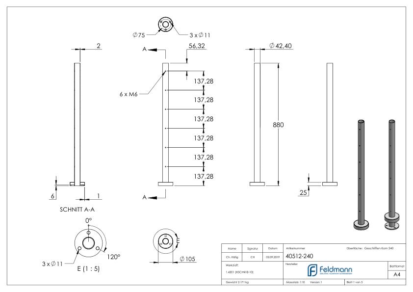 Edelstahlpfosten V2A zur Bodenmontage, H: 880mm