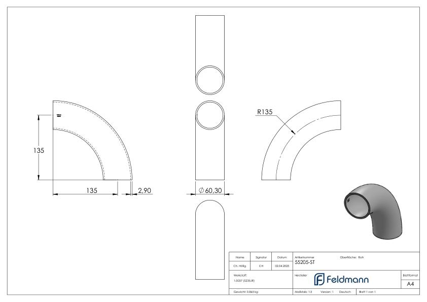 Schweißbogen 90°, 60,3 x 2,9mm, Bauart 5