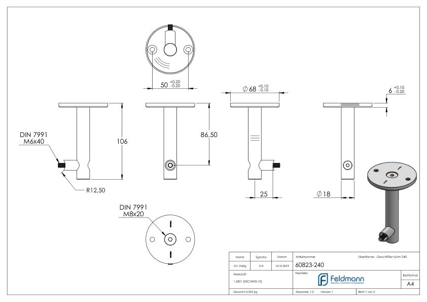 Deckenhalter für Laufschiene, V2A