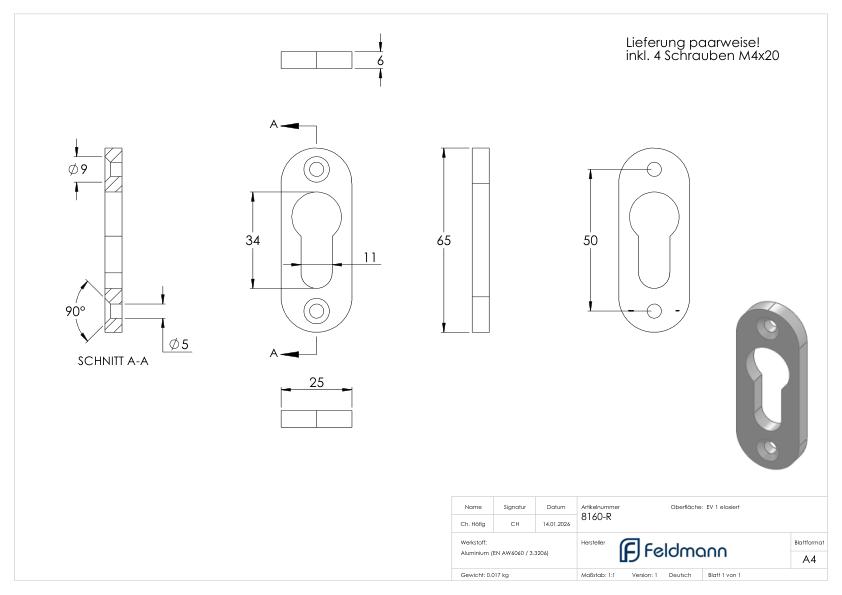 Schlüsselrosette PZ-Alu abgerundet (Paar)