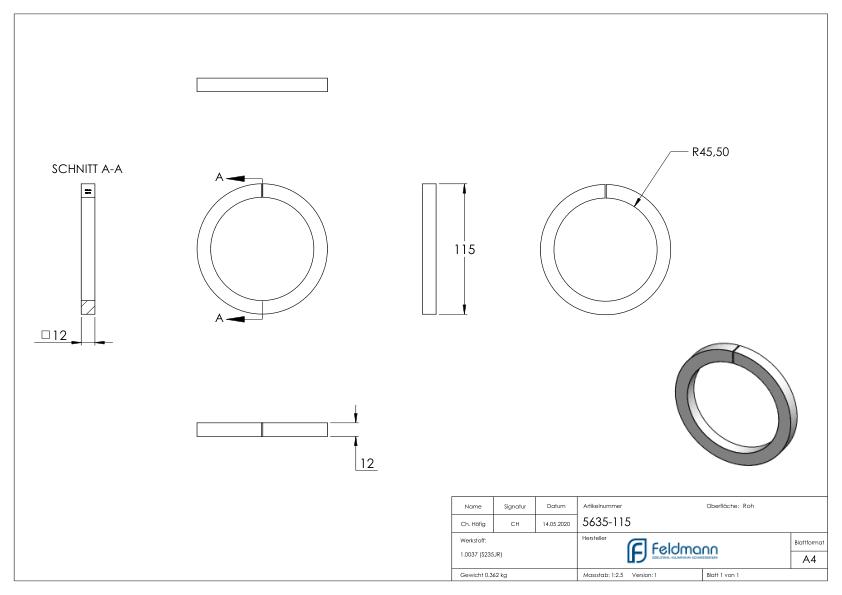 Ring 12x12mm, AußenØ 115mm