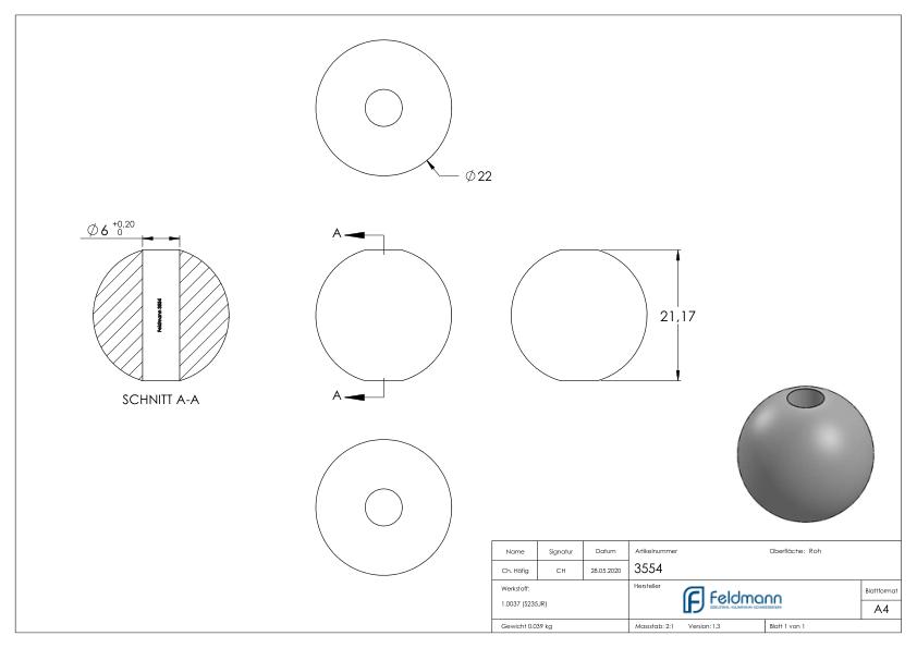 Massivkugel 22mm, mit Durchgangsbohrung 6,0mm