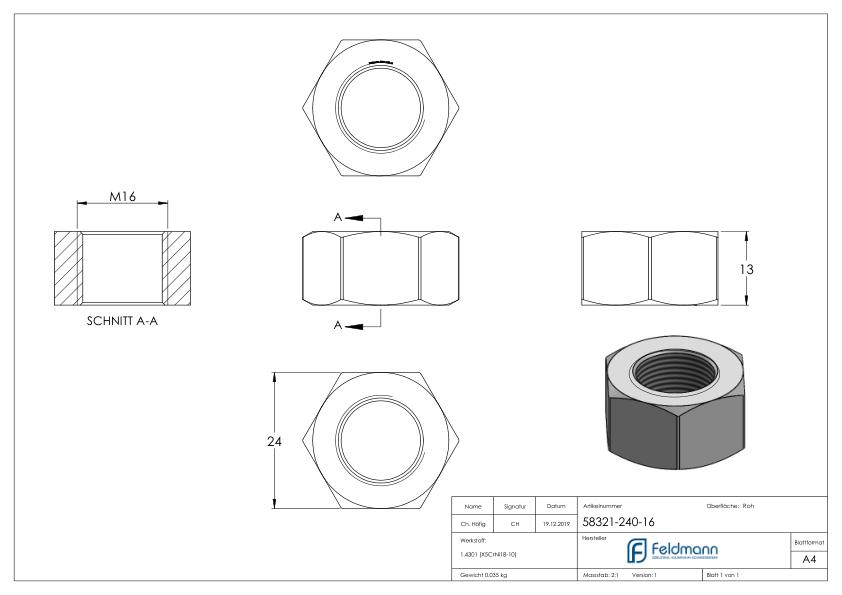 Sechskantmutter M16, DIN 934, V2A