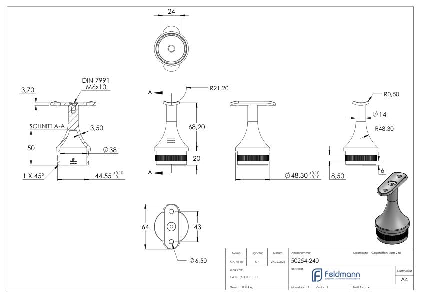 Rohrabschlussstopfen für Rohr 48,3x2,0mm, Handlaufanschlussplatte: 42,4mm, V2A