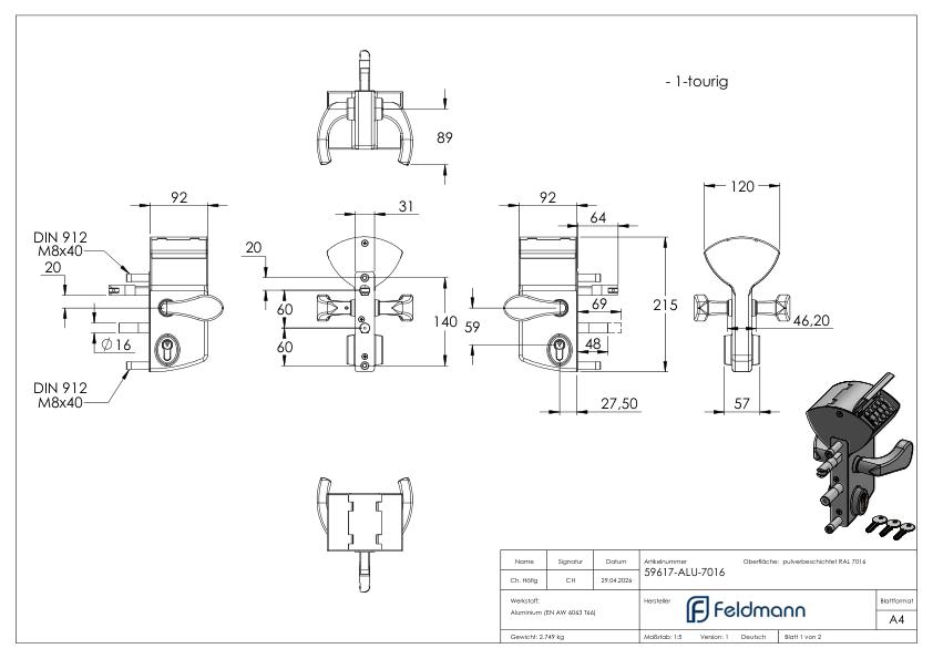 VINCI - Mechanisches Codeschloss LMKQV2, für Profilrohr 40 - 60mm, Farbe RAL 7016
