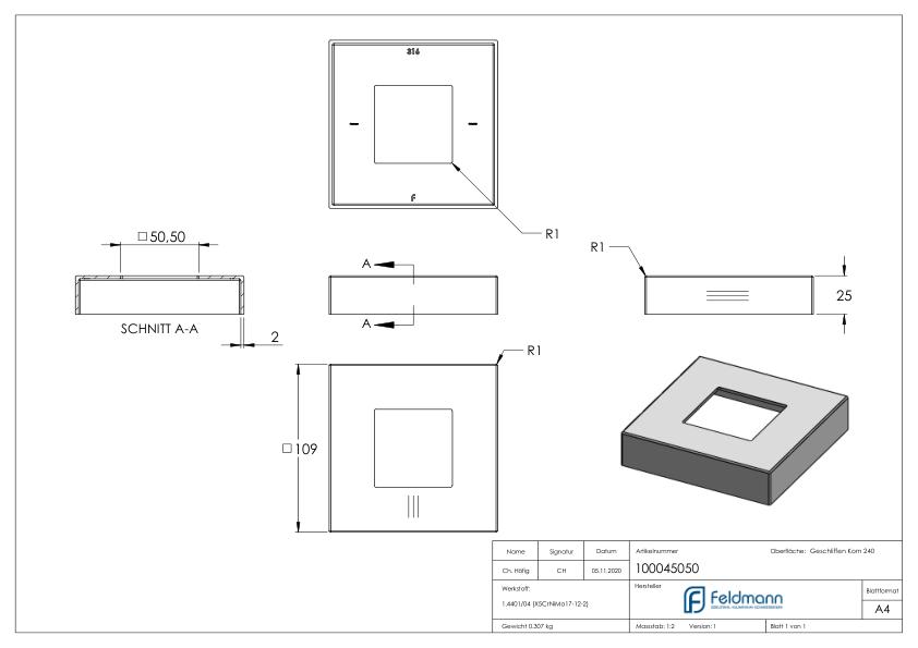 Abdeckrosette, 109x109x25mm, V4A
