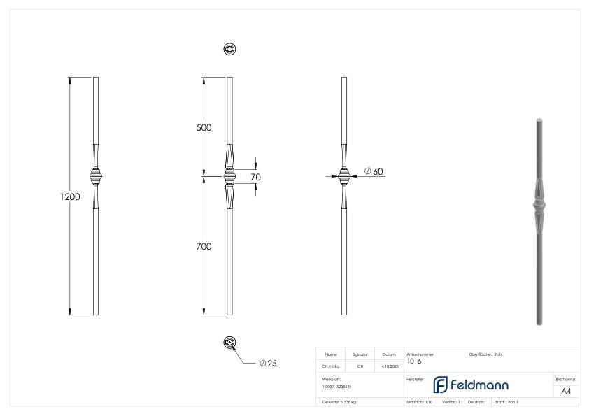 Anfangsstab Ø 25mm, glatt, H: 1200mm