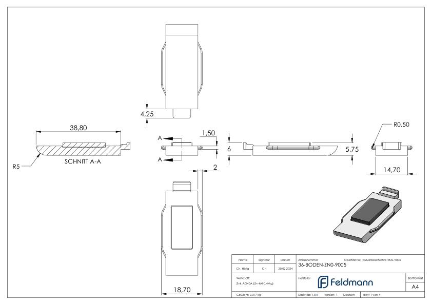Sicherungsplatte für Mod. 36 - Zink roh pulverbeschichtet in RAL 9005 matt