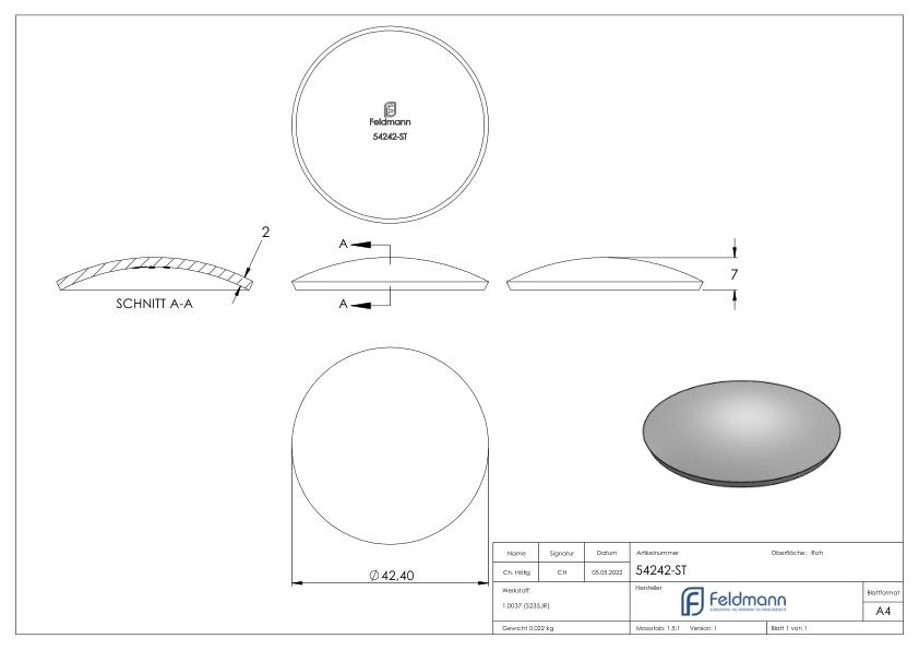 Halbrundschale 42,4x2,0mm, H: 7mm