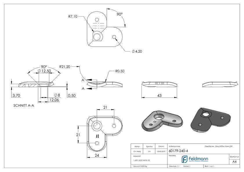 Handlaufanschlussplatte 90° 42,4mm, V2A