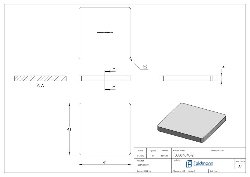 Flachkappe für QR 40x40mm, Stahl roh