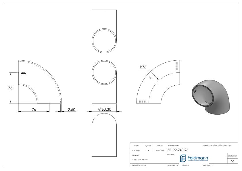 Schweißbogen 90°, 60,3x2,6mm, V2A