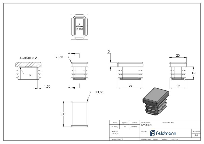 Kunststoffkappe für Rechteckrohr 30x20mm